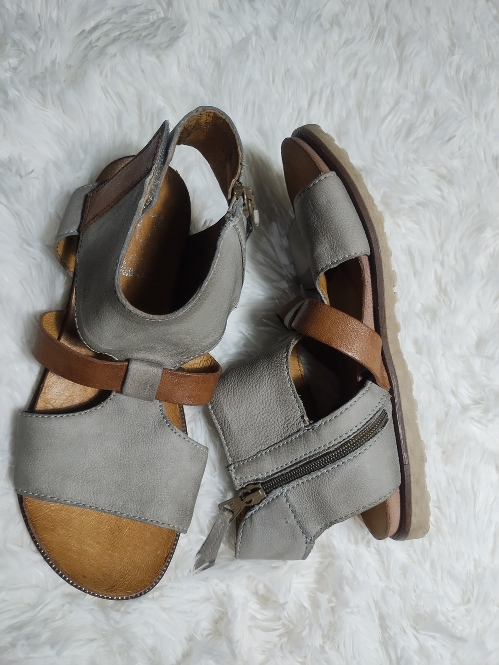 Miz Mooz Gray and Brown Leather Strappy Sandals